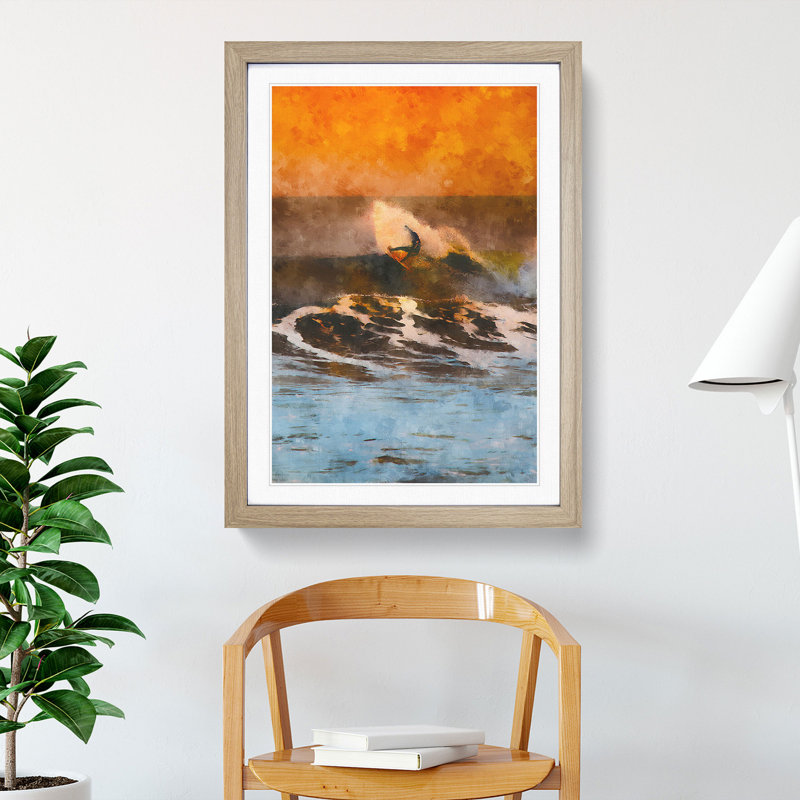 Surfing as the Sun Sets - Picture Frame Painting Print, 63cm H x 45cm W x 2cm D, Oak Framed