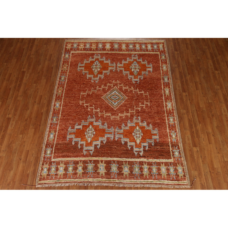 Tapis rouille en laine noué à la main de conception unique 6 pi 9 po x 9 pi 6 po New Age