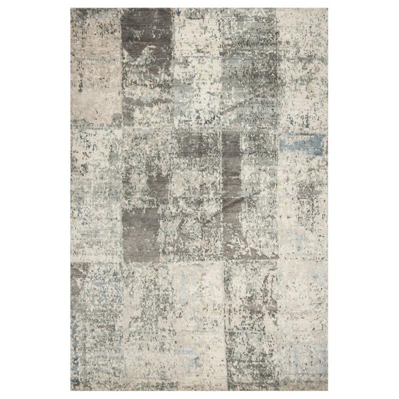 Tapis abstrait en viscose / coton / lin / laine noué à la main Tiffany argent / ivoire, Rectangle 9 pi x 12 pi