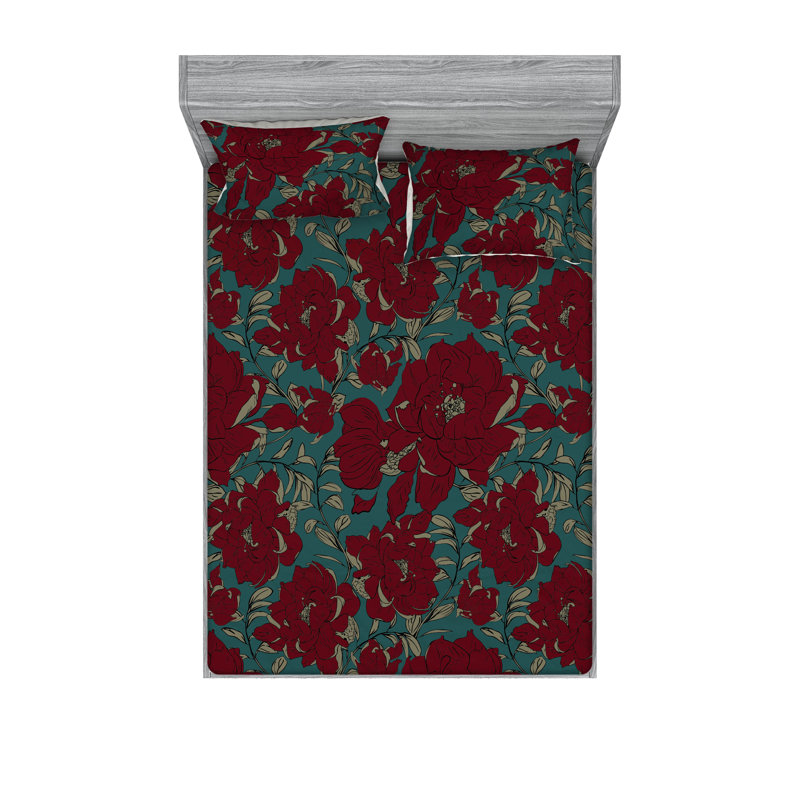 Drap-housse et taies décoratives 3 pièces Ambesonne, Bleu-vert, bourgogne / floral