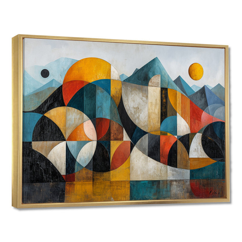 «Geometric Mountain Retro Colors - Art abstrait paysage mural», H 12 po x l 20 po x P 1 po, Toile avec cadre flottant or