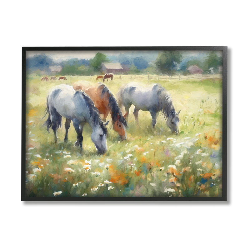 Grazing Horses Pasture Scene Black Framed Canvas Print, 21 x 17