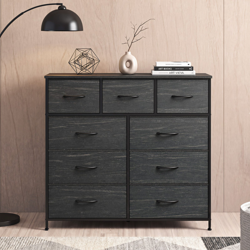 Commode 9 tiroirs avec plateau en bois Reinardo, Noir anthracite