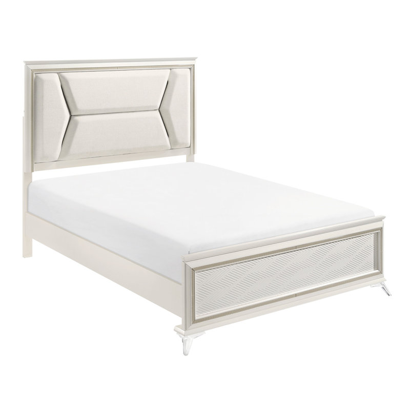 Grand lit à DEL avec tête de lit tapissier en chenille, blanc antique, structure antique en bois, revêtement de la tête de lit, bois d'ingénierie massif