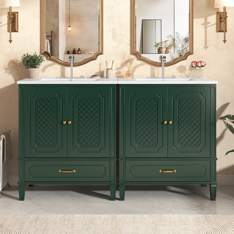 Ensemble de meuble-lavabo 60 po avec double lavabo 60 po, 2 armoires avec organisateurs de porte, 2 tiroirs, vert, Vert