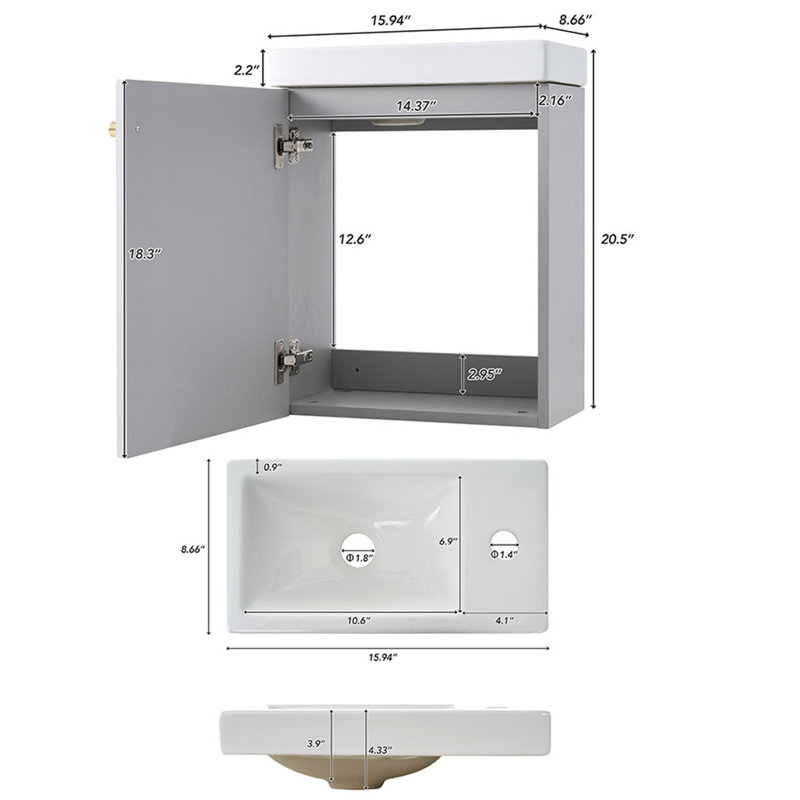 Meuble-lavabo mural avec lavabo en céramique, Gris
