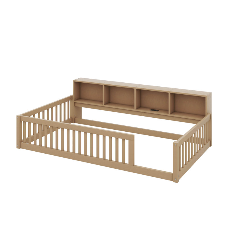 Élégant lit simple en bois TG avec armoires de rangement et ports USB, Brun