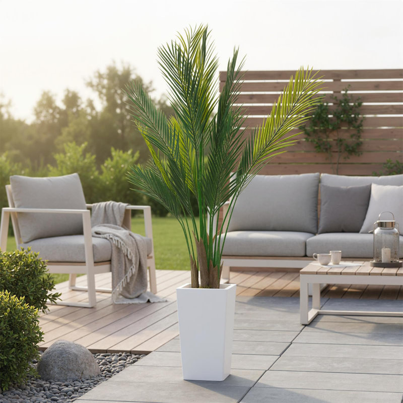 Palmier artificiel 4,8 / 5 pi avec grande jardinière blanche, plante artificielle d'intérieur et d'extérieur réaliste, décoration sans entretien pour la maison ou le bureau