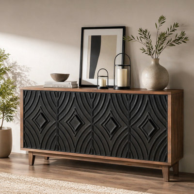 Mid Century Sideboard Buffet Cabinet with Solid Wood Legs 60" Kitchen Storage Cabinet Credenza with 4 Convex pattern diamond Doors and 2 Shelves Accent Console Table for Living Room Entrance Hall etc