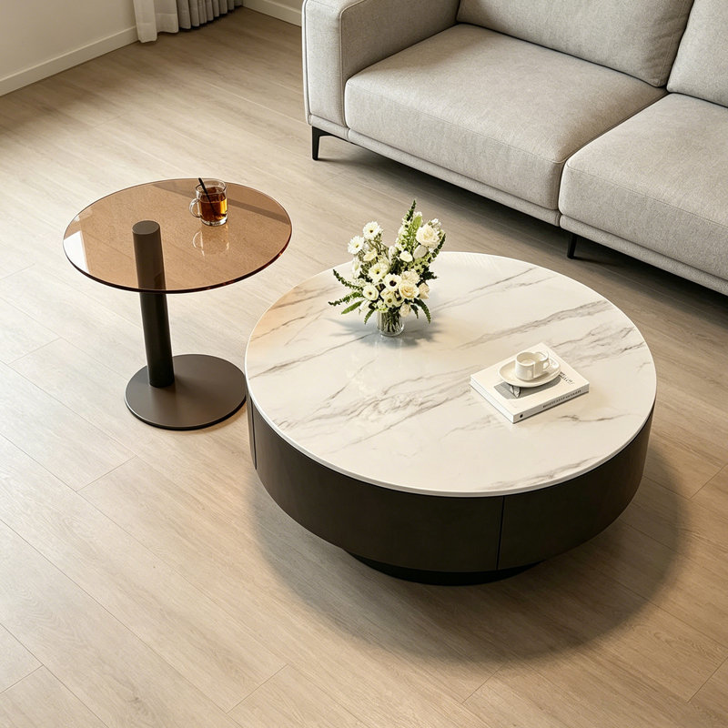 Table basse de luxe italienne Premium, H 13 po x l 31,49 po x l 31,49 po, Blanc / gris / brun clair / noir, Marbre