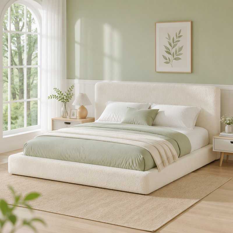 Bed Frame with Adjustable Sliding Side Table Visual Floating Effect, King