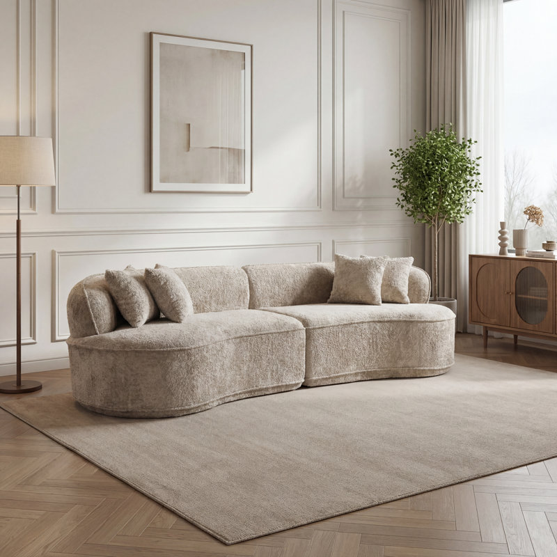114" Modern Upholstered Sofa with Four Pillows Included, Camel