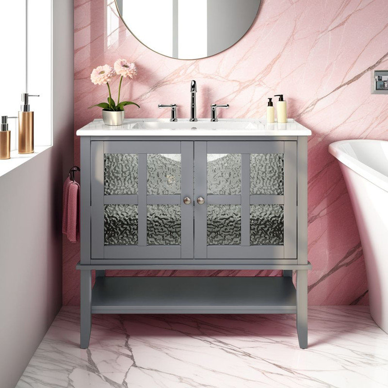 36" Bathroom Vanity with Ceramic Sink – Adjustable Shelf, Soft-Close Hinges?, Green