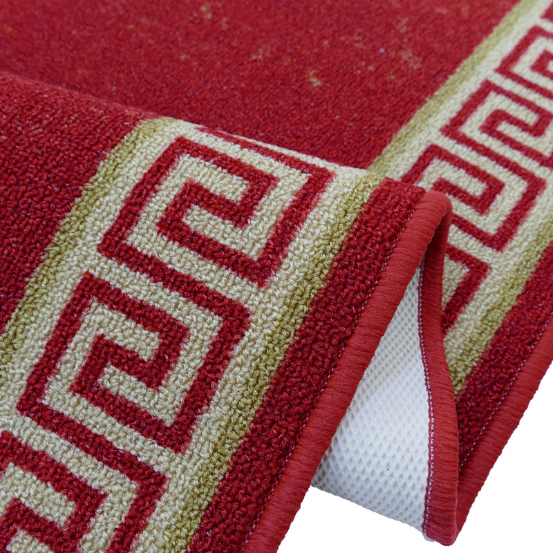 Lemmons Custom Size Anti Slip Low Profile Loop Pile Meander Greek Key Red Design, Runner 2'2" x 9'