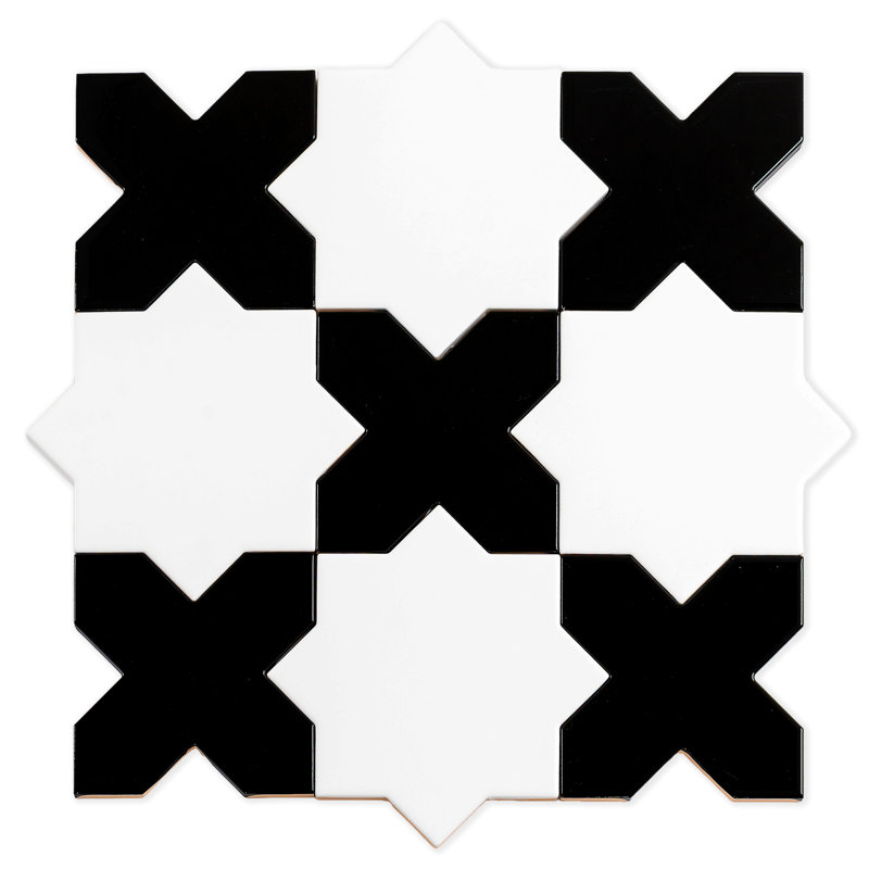 Siena 5 in. Pearl White Star with Black Cross Glossy Ceramic Wall and Floor Tile (10.76 sq ft/case) , Polished, White/Black