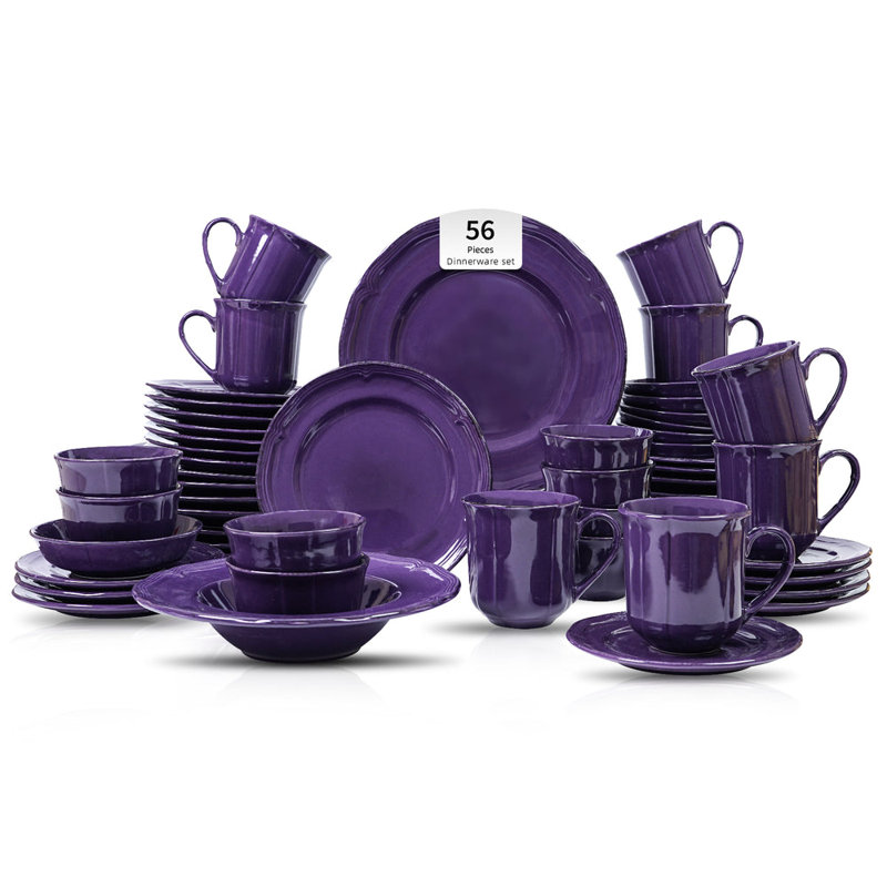 Service de table en grès émaillé antique HomeVSS French 56 pièces, service pour 8, Mauve