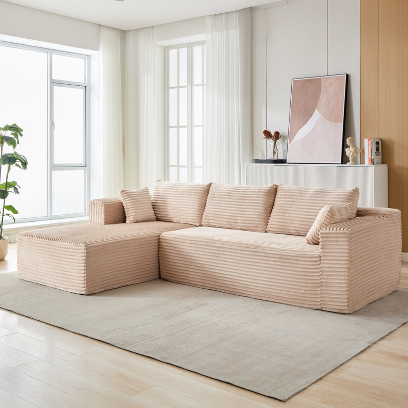 Canapé modulaire 110 po sans assemblage, canapé modulaire en L à compression avec méridienne, Velours côtelé beige clair