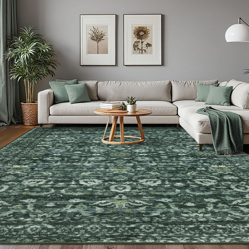 Tapis de chambre à coucher Bungalow Rose, Rectangulaire 8 pi x 10 pi, Dark Green