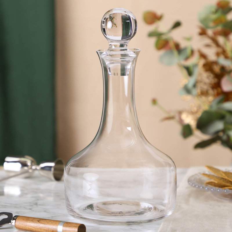Contemporary Wide Based Glass Decanter With Round Stopper