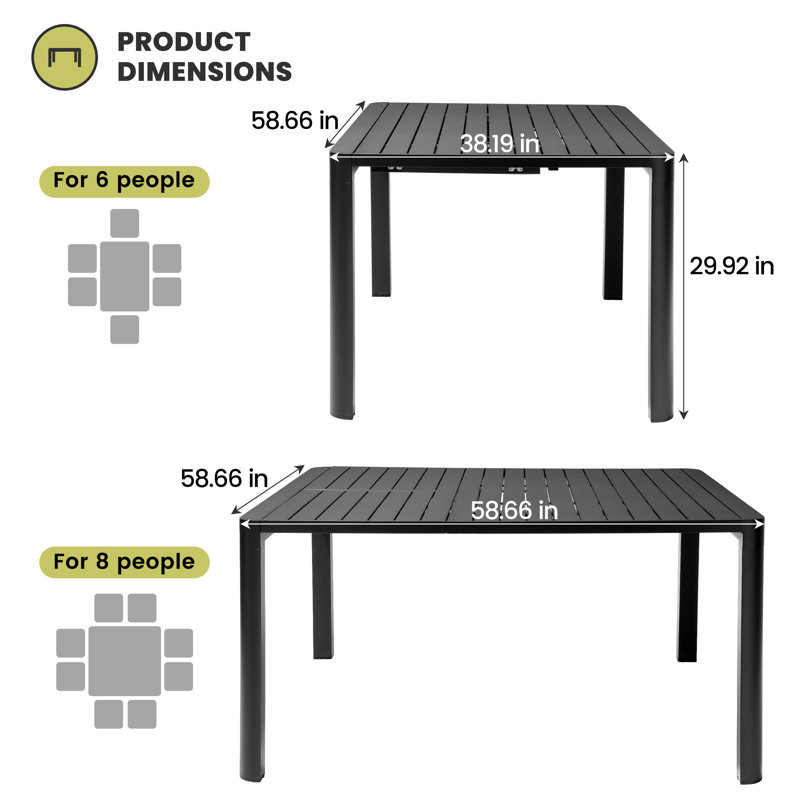 58.6"L Square Aluminum Extendable Patio Dining Table