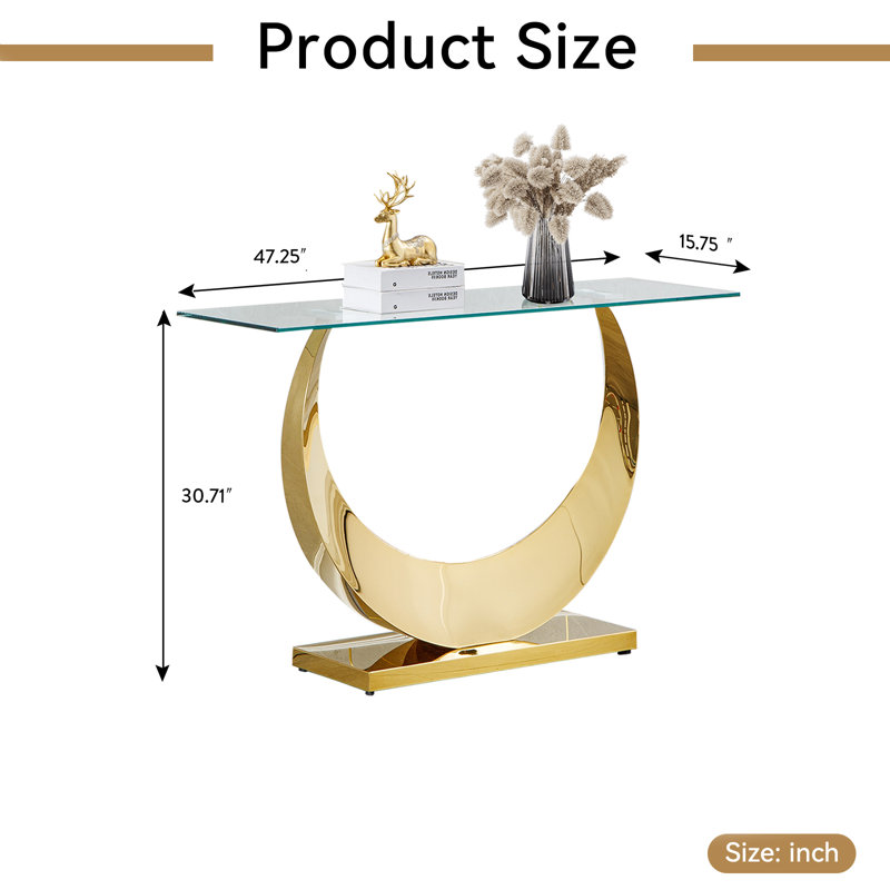 Modern 47.25" Glass Entryway Console Table with Moon-Shaped Stainless Steel Pedestal Base, Long Narrow Sofa Table Behind Couch Hallway Table for Entryway, Living Room, Foyer