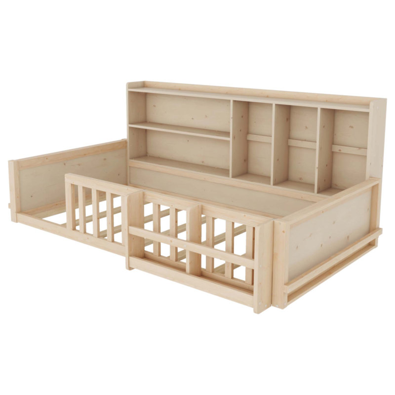 Structure de lit plateforme en bois pour enfants avec garde-corps, tablettes de rangement latérales et bibliothèque pour économiser de l'espace et de la sécurité (sans matelas)
