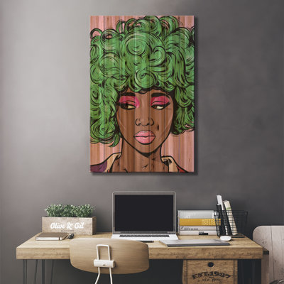 «Green Kawaii Comic Girl on Wood» par Allyson Gutchell, reproduction