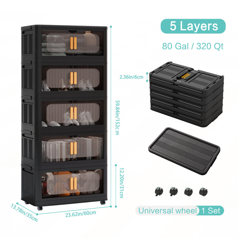 Armoire de rangement pliante de 24 pouces de large avec 5 niveaux, bacs pliables, portes magnétiques et roues pour une utilisation polyvalente et une mobilité facile