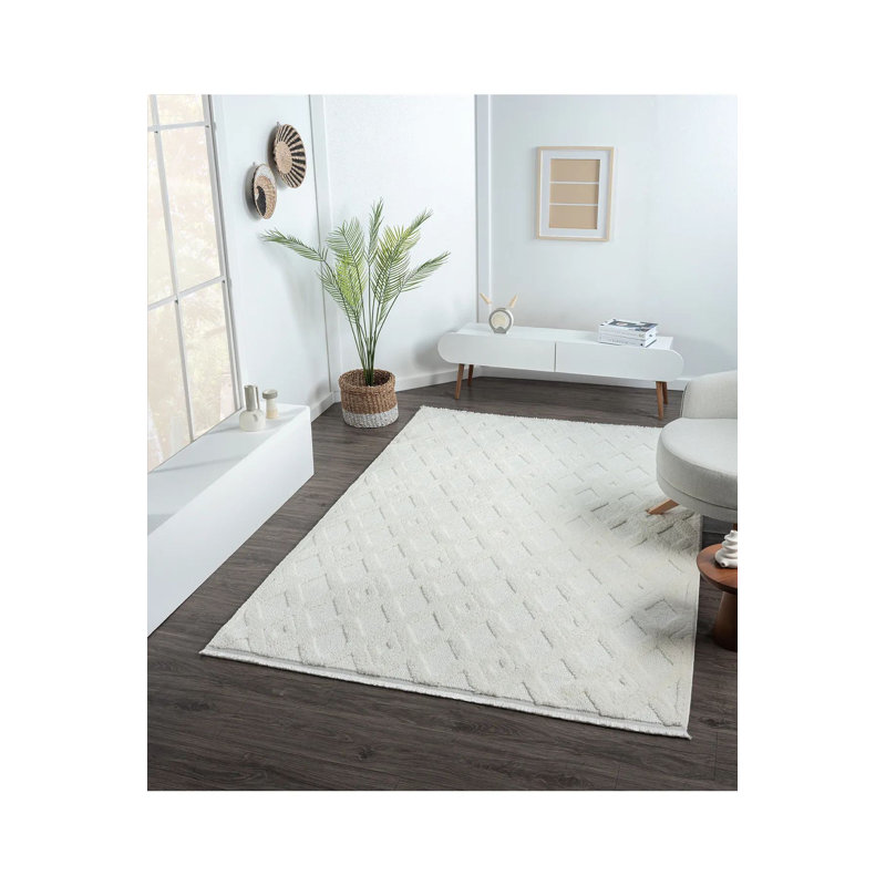 Luxurious Cream Area Rug, 5.2 x 8.2 ft, 100% Polypropylene, 1.7 cm Pile Height | Machine Woven, Non-Slip Dot Underside, Antibacterial | Perfect for Living Room, Bedroom & Office Decor, Easy Maintenance