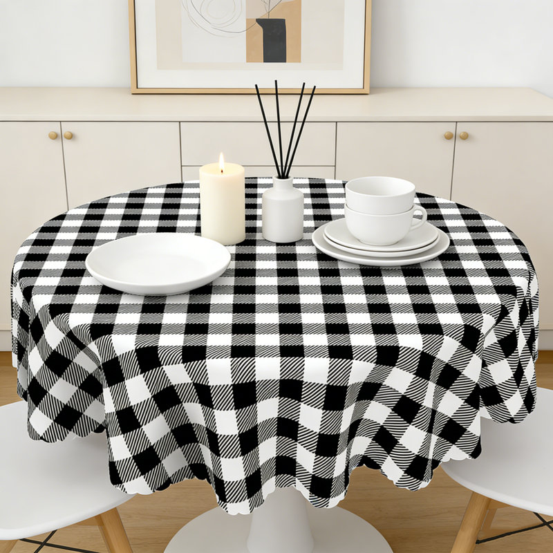 Checkered Tablecloth 152x152cm Round Black-and-White Check Pattern Party Picnic Dinner Decorative Table Cover