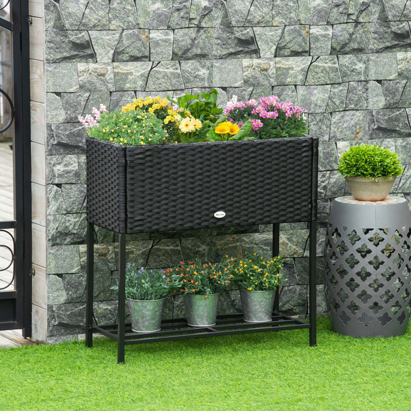 Lit de jardin portatif surélevé avec aspect osier en rotin et rangement pour outils