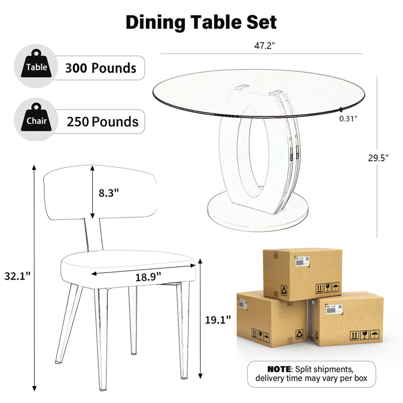 Pedestal Dining Set, 47'' Round Dining Table and Teddy Dining Chairs, White, 5, Silver/Black