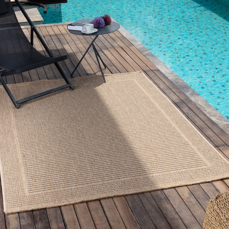 Tan Modern Outdoor Jute Look Rug, Bordered Easy to Clean Rug For Patio, Balcony, Decks & Garden, Rectangle 117 x 166 cm