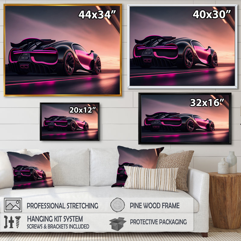 Conception visionnaire de Bugatti en noir et magenta VI - reproduction sur toile, H 12 po x l 20 po x P 1 po