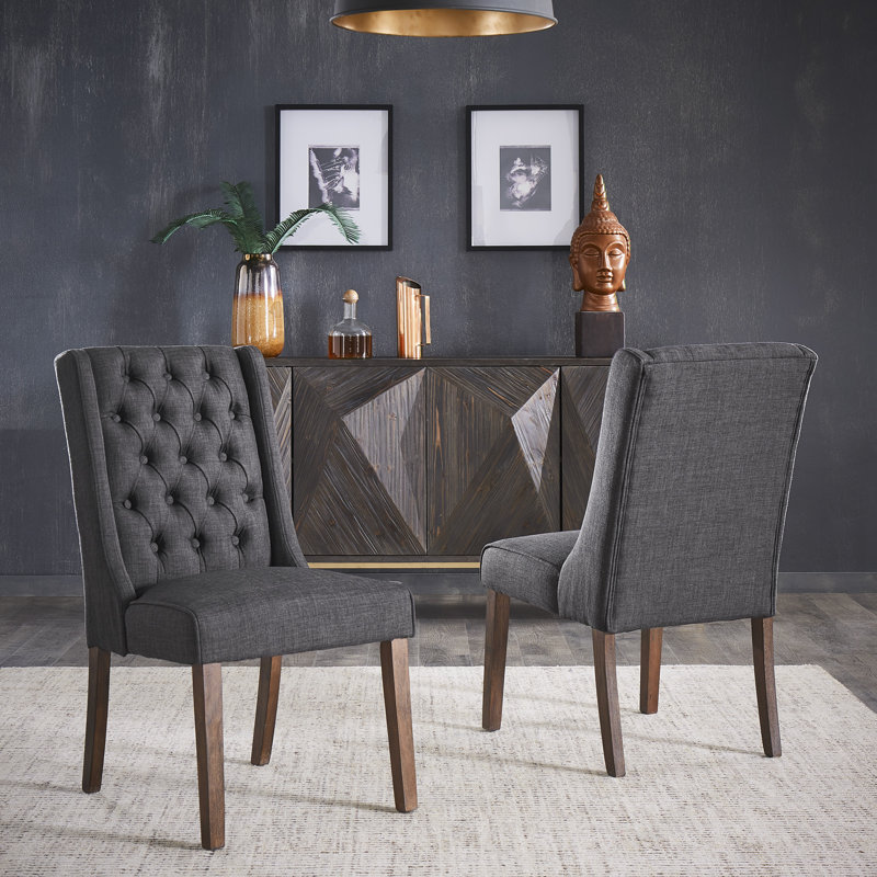 Dukinfield 20.5'' H Tufted Upholstered Side Chair, Dark Gray Linen, Brown