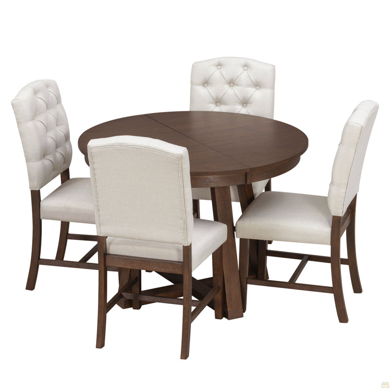 Ensemble de salle à manger rétro 5 pièces, table ronde avec rallonge l 16 po et 4 chaises rembourrées pour salle à manger et salon (noyer)