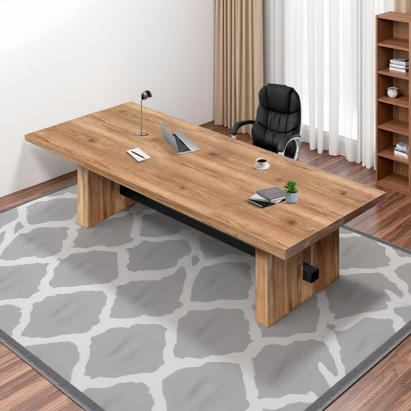 Ensemble de bureau de direction rectangulaire compact en bois massif de style moderne, comprenant un fauteuil de bureau contemporain en similicuir noir