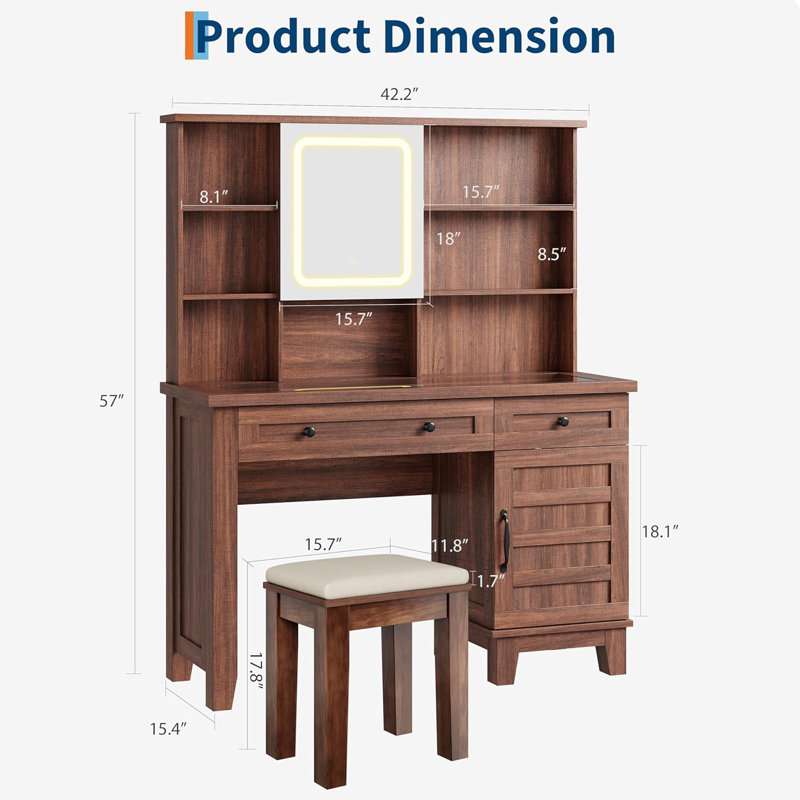 Farmhouse Makeup Vanity Desk with Solid Wood Stool, Glass Top, 2 Drawers, Mirror with Lights and Power Outlet, Bedroom Dressing Table, White