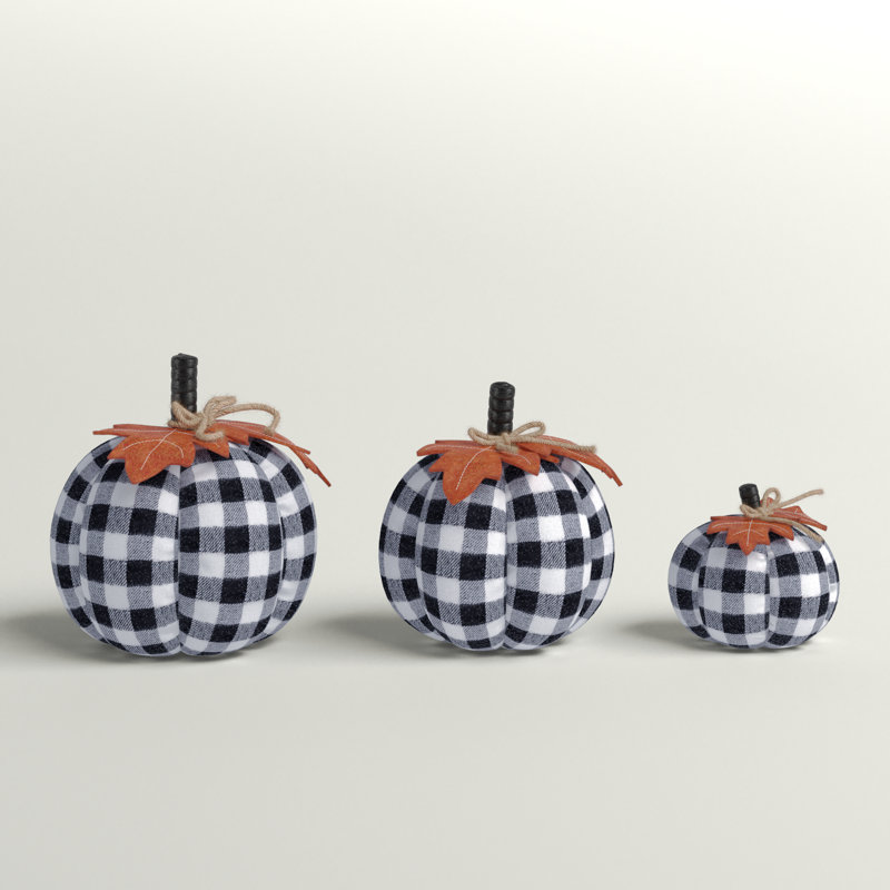 Set of 3 Assorted Sized Fabric Black and White Plaid Pumpkins Harvest Décor with Leaf Accent