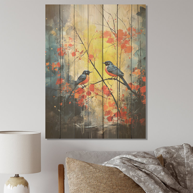 Forêt bleue et jaune avec merlebleu de l'Est - Oiseau sur bois, H 44 po x l 34 po