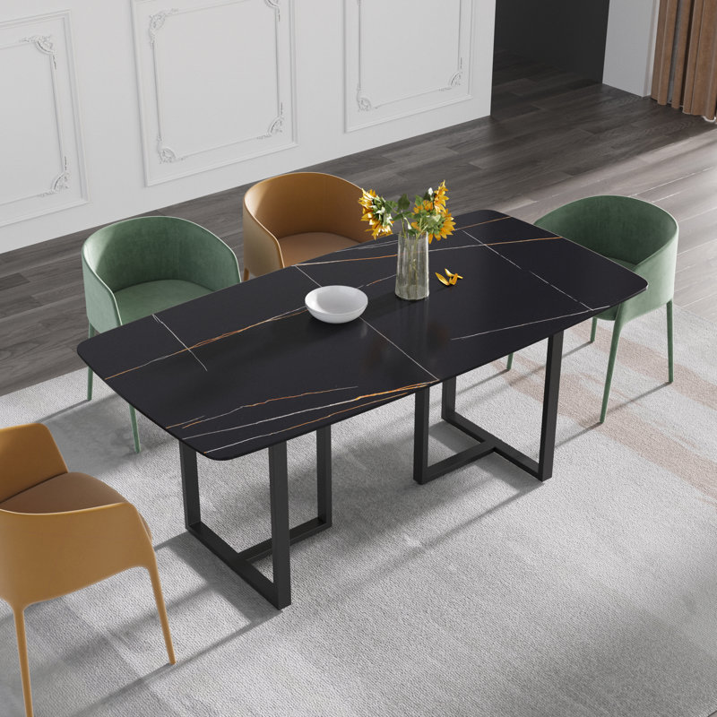 Evannie Metal Base Dining Table, Black, Black, 29.53"H x 70.87"L x 35.43"W