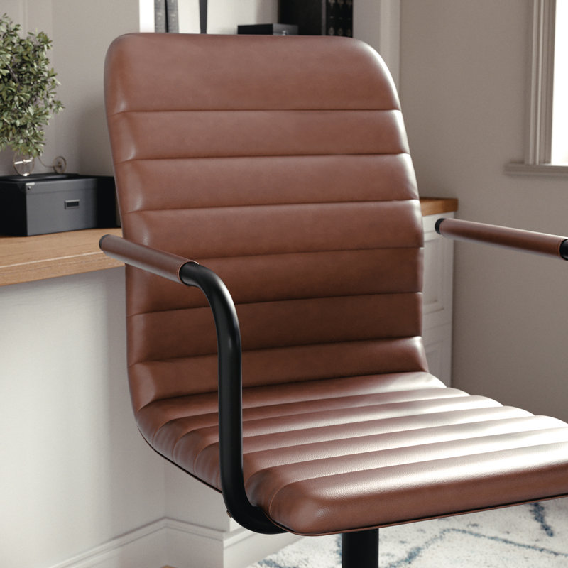 Martha Stewart Taytum Upholstered Swivel Home Office Chair with Integrated Armrests, Oil Rubbed Bronze, Saddle Brown