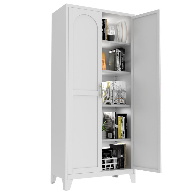 Armoire de rangement en métal 71 po, blanche, 2 portes galbées, salon, cuisine idéale pour la chambre à coucher et le bureau