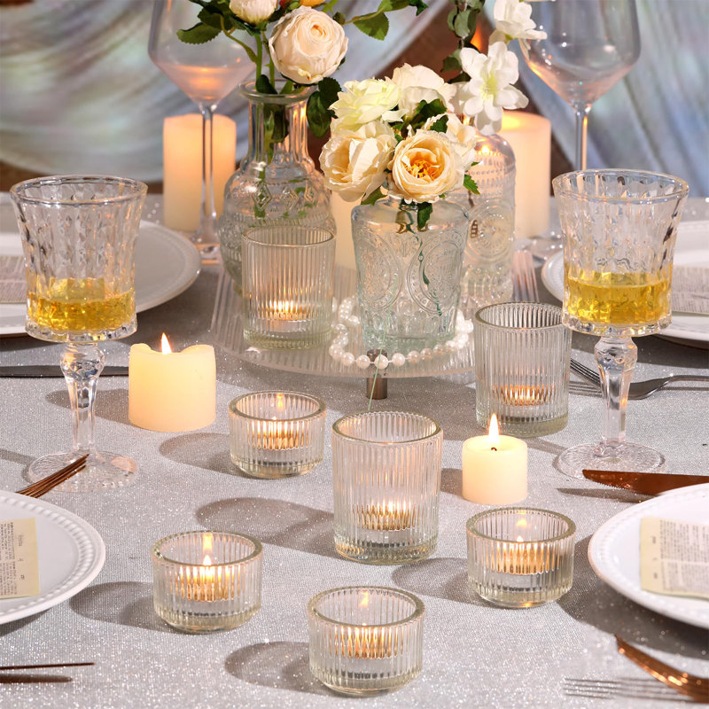 20 porte-bougies côtelées votives, bougeoirs assortis de lumières de thé, bougeoirs en verre pour centre de table, décorations de table de mariage et décorations de fête