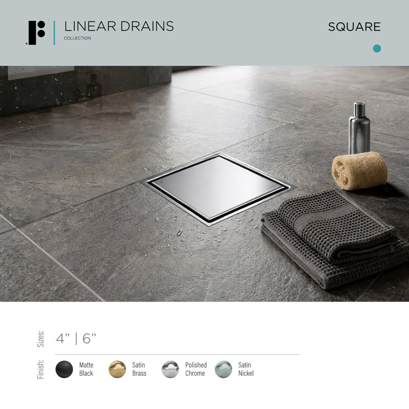 FINE FIXTURES Stainless Steel 6 inch Square Shower Drain with Hair Trap and Tile Insert & Grate 2-in-1 Design