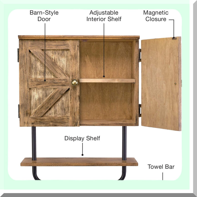 RusticSpace Barndoor Bathroom Wall Cabinet with Adjustable Shelf and Towel Bar - Space Saver Storage Solution for Kitchen and Medicine Essentials, Brown