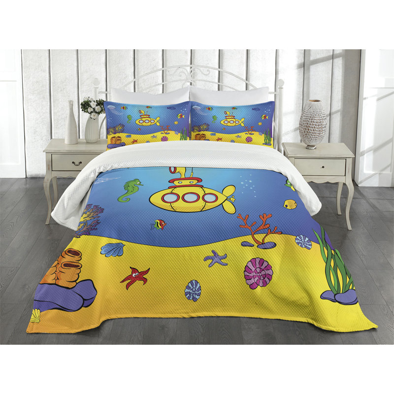 Ensemble de couvre-lit Ambesonne Yellow Submarine Nautical Blue Yellow, Couvre-lit grand et 2 taies décoratives