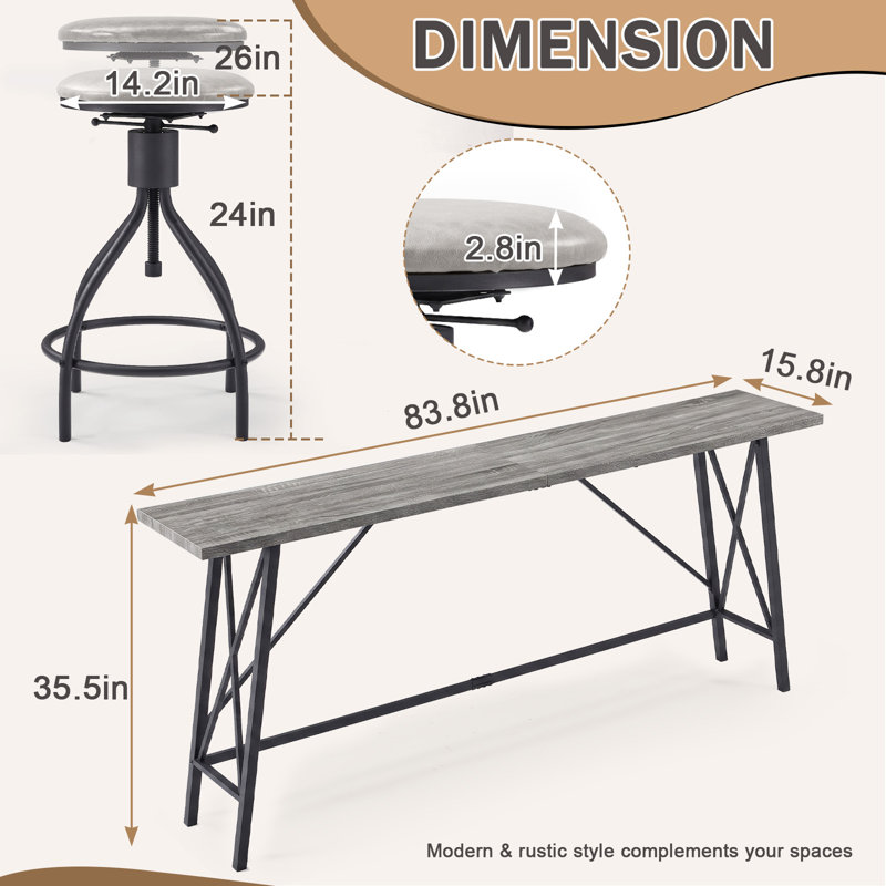 Ensemble de table de bar 84 po avec 4 tabourets pivotants à hauteur réglable 84 po, Grey