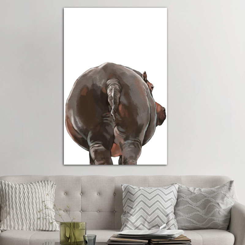 Art hippopotame, H 60 po x l 40po x P 1,5 po, Toile encadrée de bois rustique foncé