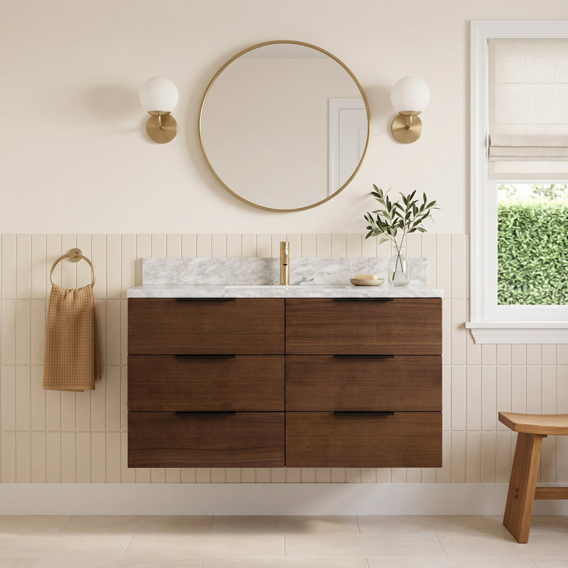 Mitchell 42'' Single Bathroom Vanity with Top, Walnut, Carrara Marble